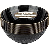 PLASTICPRO 30 Pack 12 Ounce Hammered Plastic Bowls Translucent Black with Gold Rim Heavyweight Disposable Plastic Soup Bowls Elegant Translucent Hammered Gold Rim Platsic Party Dishes