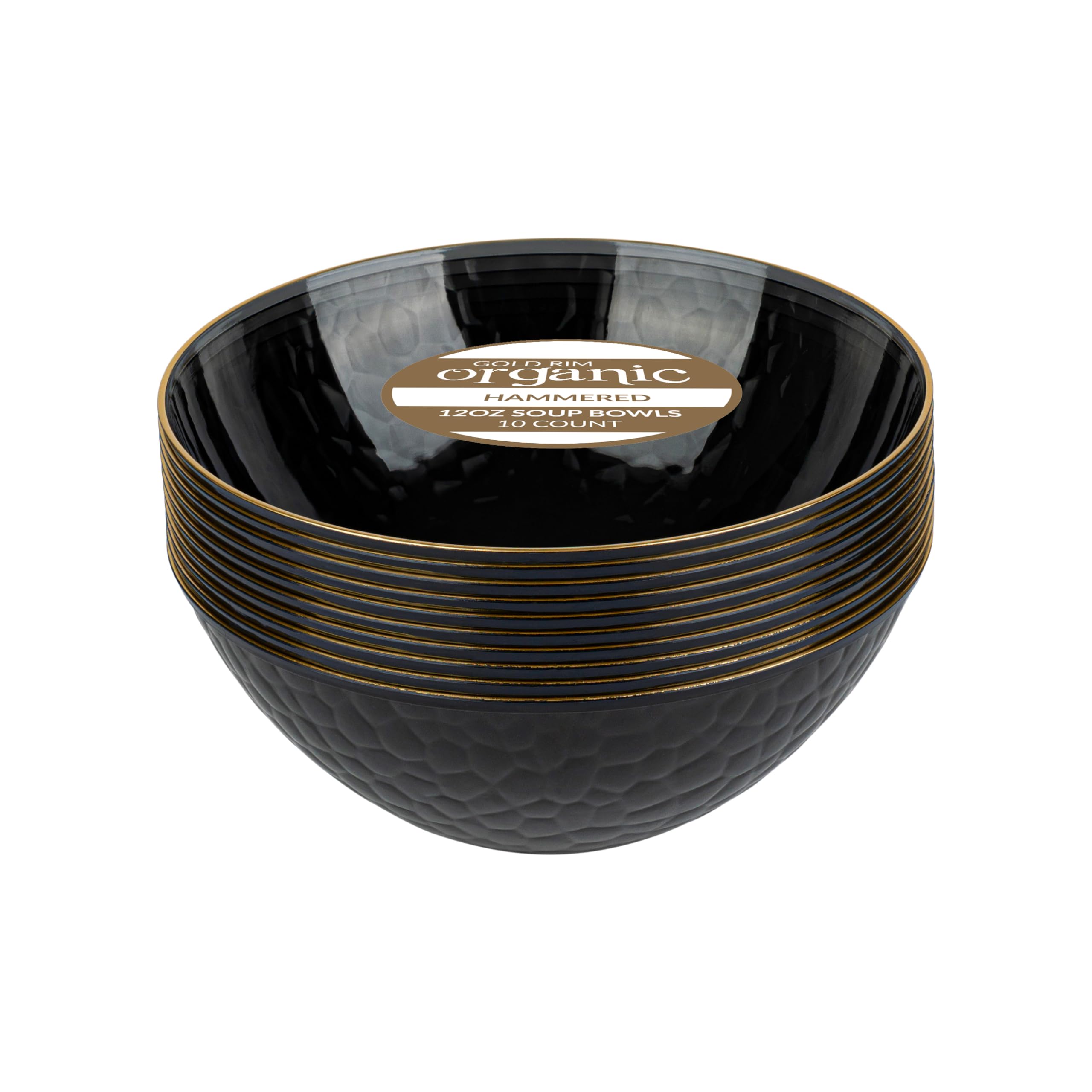 Photo 1 of PLASTICPRO 30 Pack 12 Ounce Hammered Plastic Bowls Translucent Black with Gold Rim Heavyweight Disposable Plastic Soup Bowls Elegant Translucent Hammered Gold Rim Platsic Party Dishes
