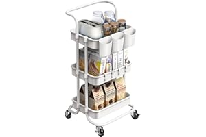 ALVOROG 3-Tier Rolling Utility Cart Storage Shelves Multifunction Storage Trolley Service Cart with Mesh Basket Handles and Wheels Easy Assembly for Bathroom, Kitchen, Office (White)