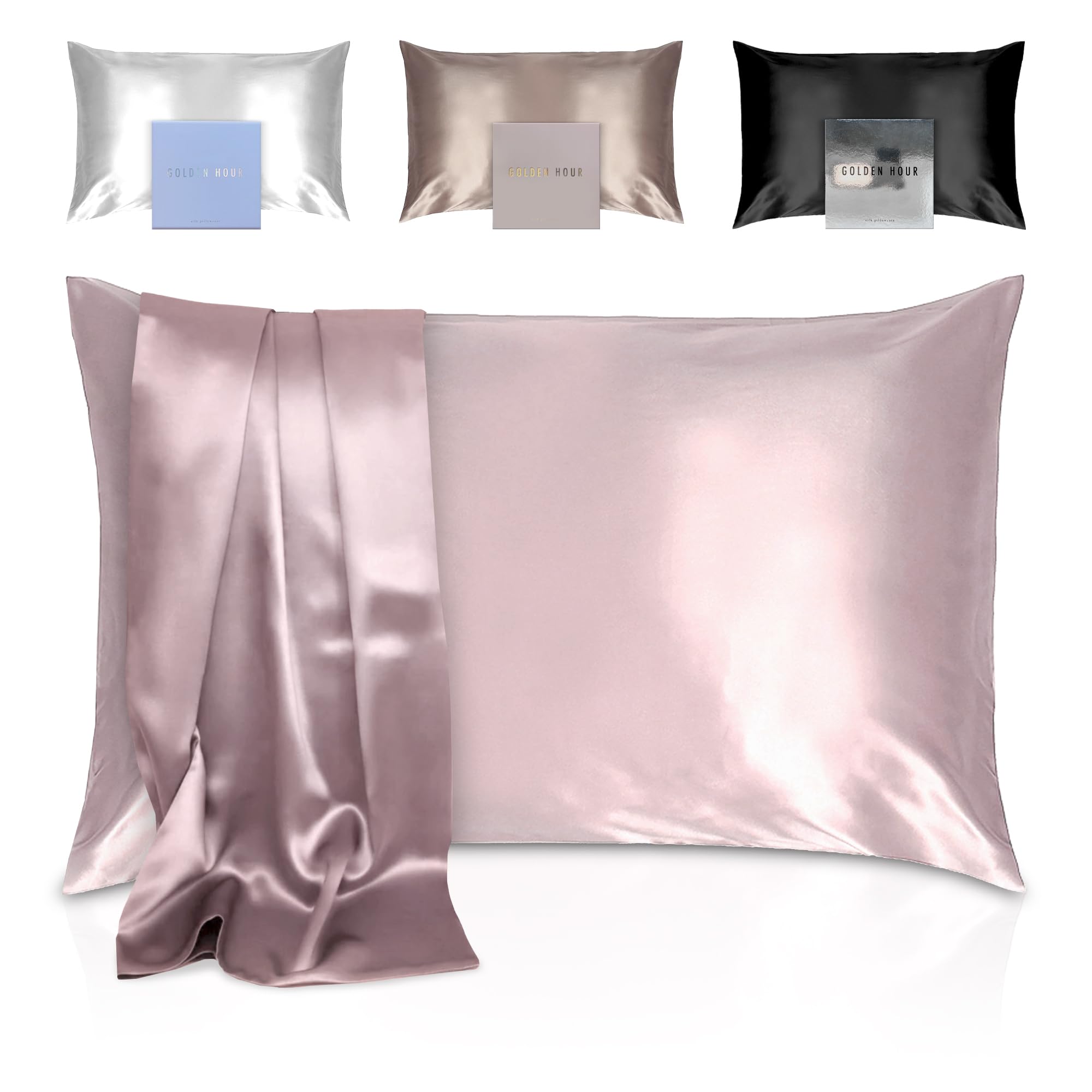 Photo 1 of GOLDEN HOUR 100% Mulberry Silk Pillowcase for Hair and Skin – Queen Size Highest Grade 22 Momme Real Silk Pillowcase with Zipper Closure, Gift-Box Ready – Blush Pink