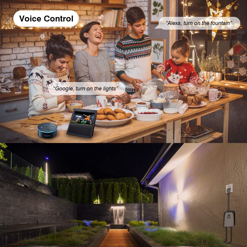 Outdoor Smart Plug, iUcare IP55 Waterproof 2.4GHz WiFi Outlet with 2 Sockets Voice Compatible with Alexa/Google Home APP Wireless Remote Control Switches Timer for Indoor/Outdoor Devices
