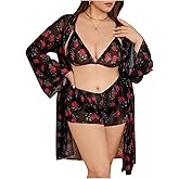 SHENHE Women's Plus Size Lingerie Set 3 Piece Mesh Floral Bra and Panty Sets with Robe Nightwear