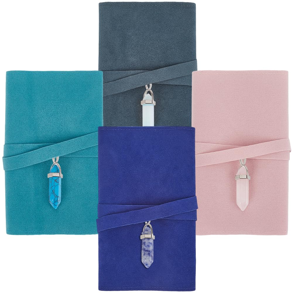 CREATCABIN 4Pcs Tarot Card Holder Tarot Cards Storage Bags with Gemstone Pendants Double-Sided Velvet Tarot Card Pouches Tarot Desk Wrap Tarot Carrying Box Case for Oracle Decks 5x1x3Inch