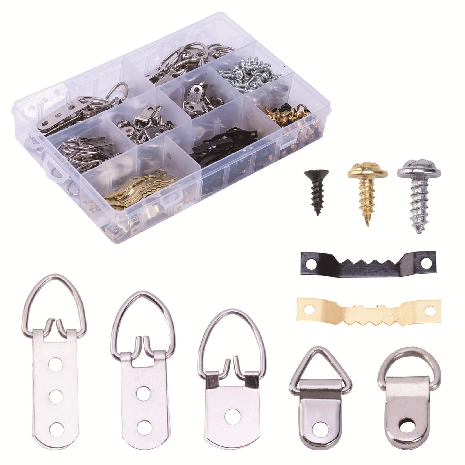 415pcs Picture Hangers Kit,Hardware for Frames Heavy Duty Including 7 Models of Wall D-Rings,Sawtooth Backs,Screws Nails.for Household/Office Tools