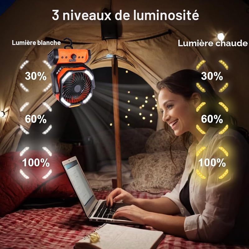 20000 mAh Ventilateur de Camping USB avec Lumière LED, Ventilateur de Bureau Tente Rechargeable Vitesse variable en continu, Télécommande et Crochet, Rotation 270°, pour Pêche Camping Extérieur
