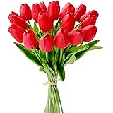 Mandy's 20pcs Red Artificial Tulip Silk Flowers 13.5" for Home Kitchen Wedding Decorations