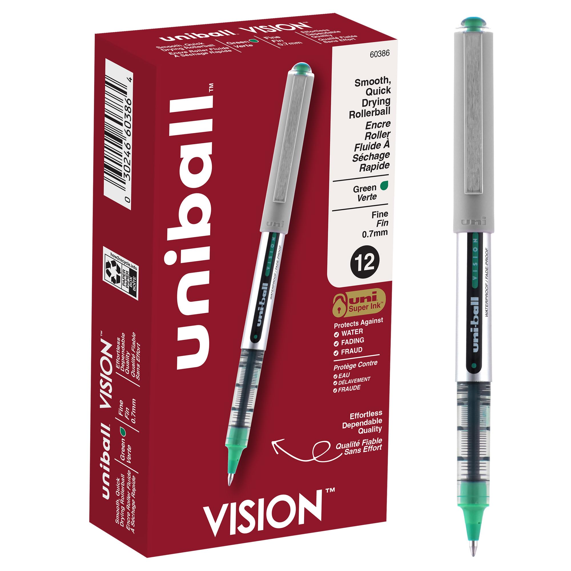 Uniball Vision Rollerball Pens, Green Pens Pack of 12 - 0.7mm Fine Point Medium Ink - Japanese Pens, Smooth Writing Pens, School & Office Supplies