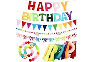 VISIVESSEL Happy Birthday Banner Set- Pre Strung Reusable Felt 3D Happy Birth Day Sign Banner, Pompom Garland, Bunting Flags and Bow Garland for Birthday Party Decorations for Women Men Boys Girls