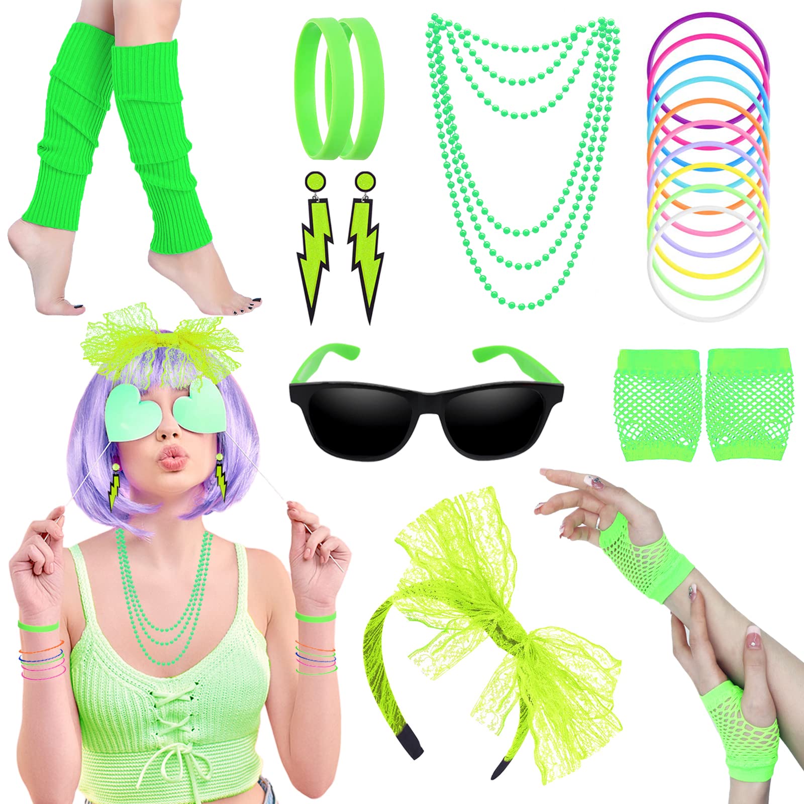80s Fancy Dress Costumes Accessories, 1980s Fancy Style Dresses Party Sets & Kits for Women, Neon Leg Warmers Necklaces Bracelet Fishnet Gloves Lace Bow Headband Earrings Sunglasses-Green