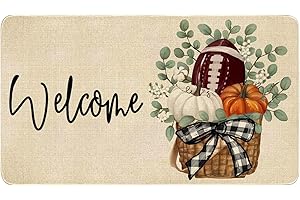 Xsinufn Fall Door Mat Outside,Pumpkin Eucalyptus Welcome Mat for Front Door,Thanksgiving Autumn Indoor Outdoor Non-Slip Rugs Doormat for Farmhouse Home Porch Decorations (Orange Football 30" x 17")