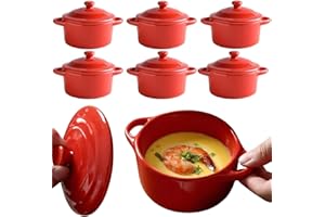 RHBLME 6 Pack French Onion Soup Bowls, 7 Oz Ramekins Oven Safe Mini Cocotte, Red Ramekins with Lids Oven Safe Soup Bowls for 