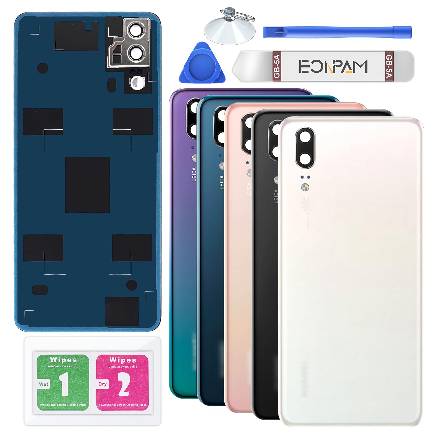 Eonpam Back Cover Glass for Huawei P20 Rear Glass Replacement with Camera Lens + Repair Kit Genuine Rear Housing (White)