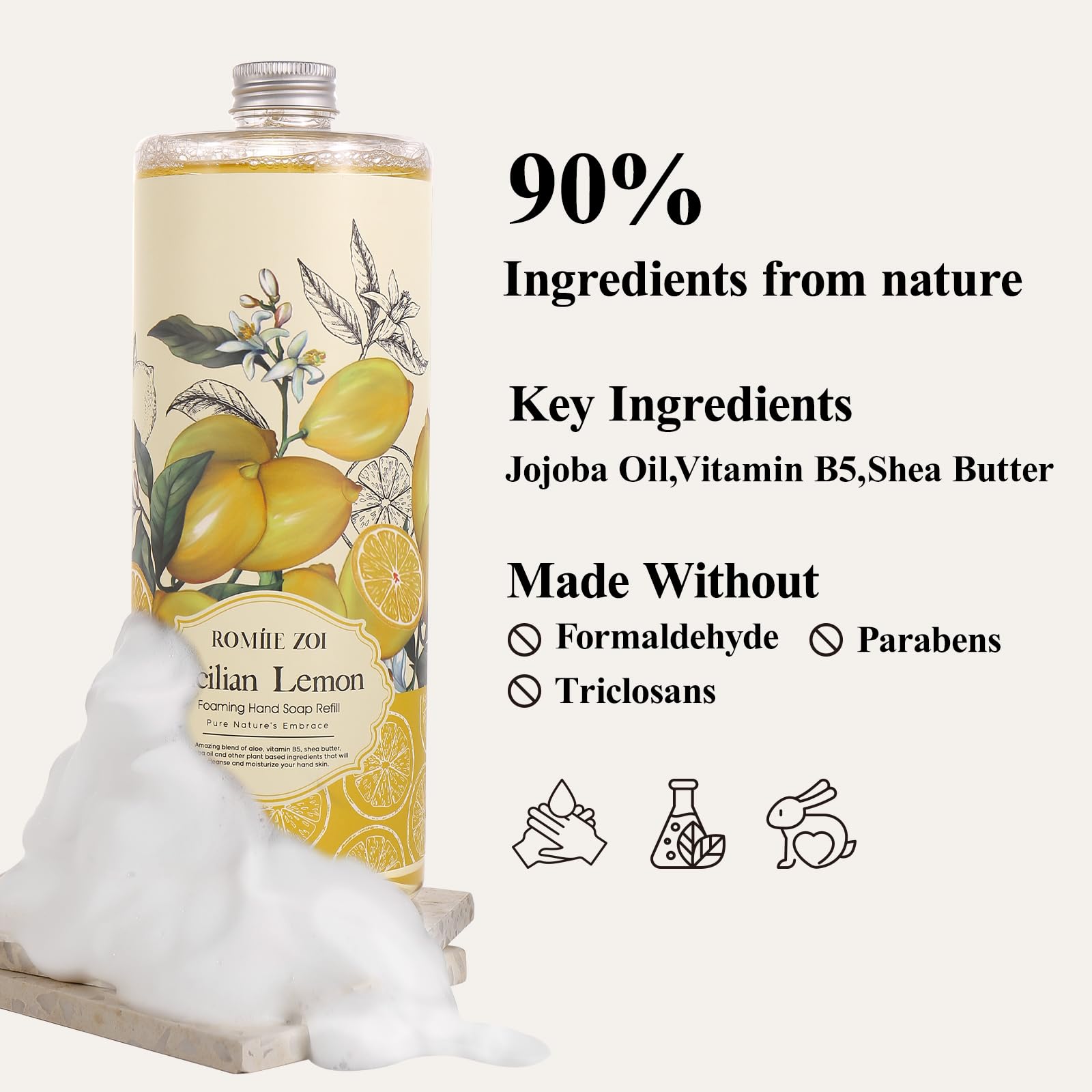 Hand Soap Refills Foaming 3pack (33.8 Fl Oz) + Reuseable Foam Soap Dispenser, Natural and Moisturizing Foaming Refills Kit, Lemon Hand Soap Refills