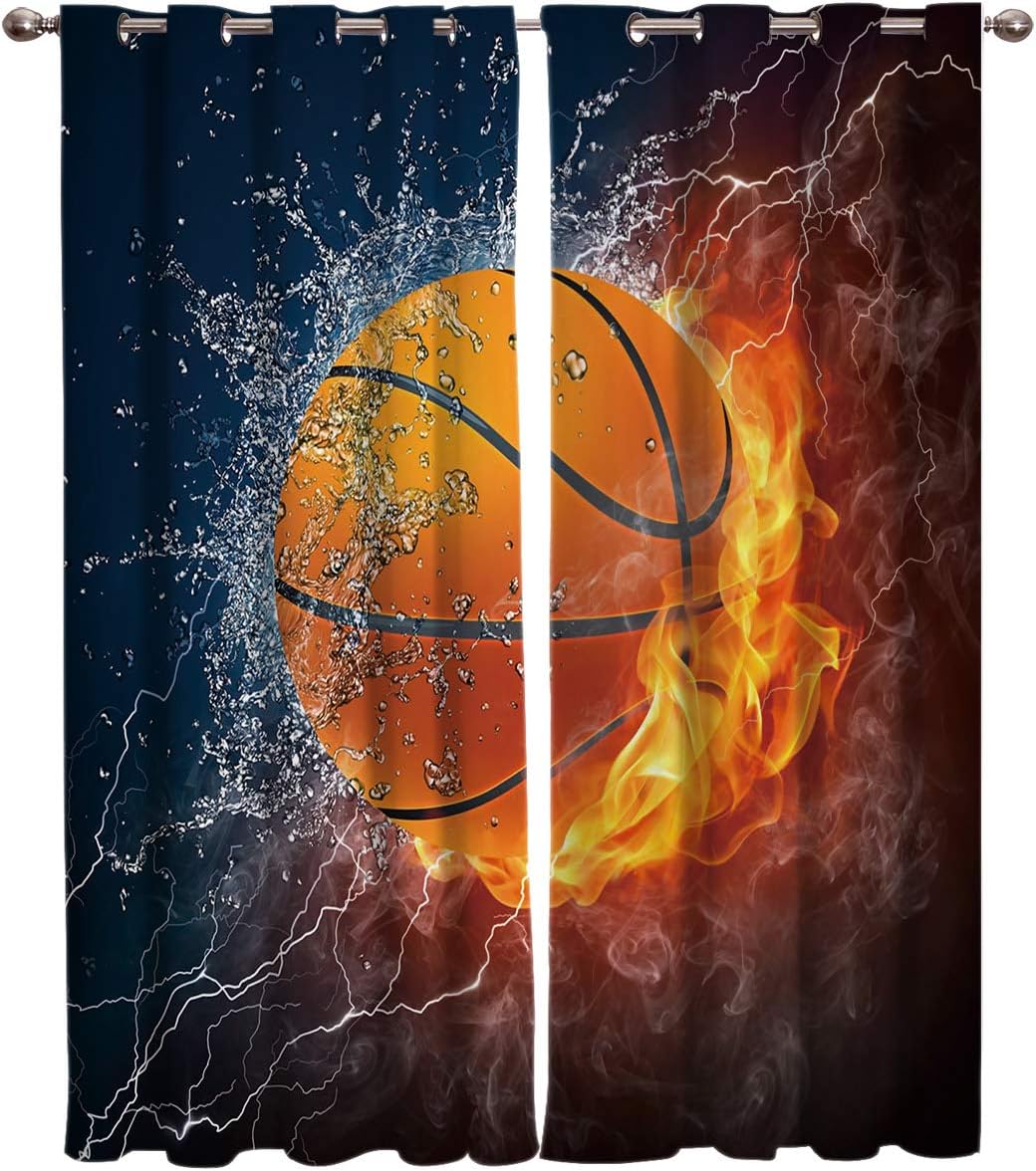 Blackout Curtain Window Drapes Thermal Insulated Curtains 2 Panels, Basketball Sport Fire Water Room Darkening for Living Room Bedroom Window Treatments 40x63inch
