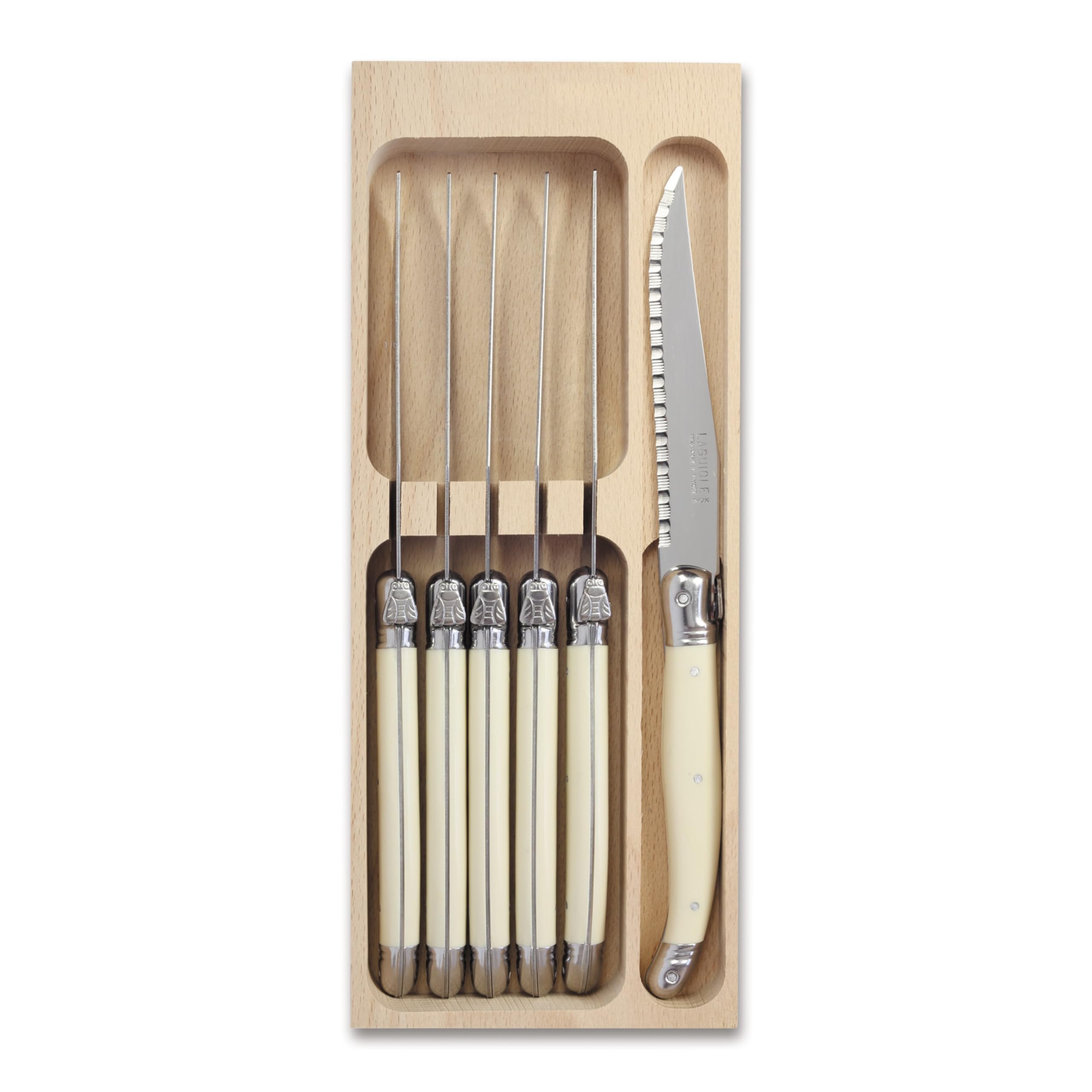 Andre Verdier Laguiole Steak Knife Set of 6 in Wooden Tray, Premium Stainless Steel - Sharp Serrated Knife Set, Made in France, Ivory
