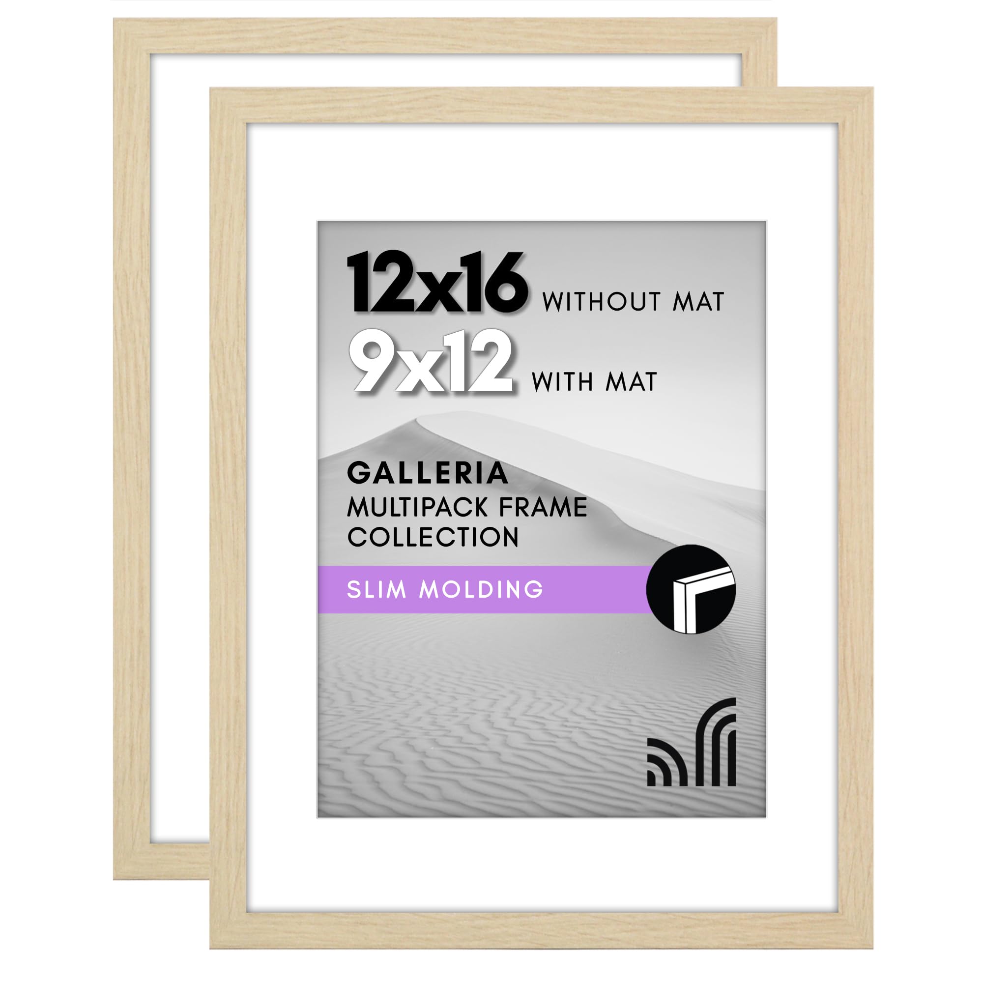 Photo 1 of Americanflat 12x16 Picture Frame with Polished Plexiglass - Set of 2 - Use as 9x12 Frame with Mat or Display 12x16 Photo Without Mat - Galleria Collection - Picture Frames for Wall - Natural Oak
