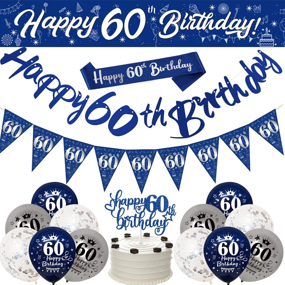 Yontree 60th Birthday Decorations Navy Blue Silver Banner Sash Confetti Balloons