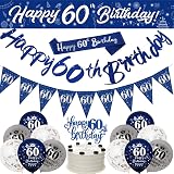 Yontree 60th Birthday Decorations Navy Blue Silver Banner Sash Confetti Balloons