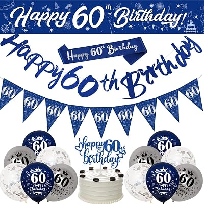 Yontree 60th Birthday Decorations Navy Blue Silver Banner Sash Confetti Balloons