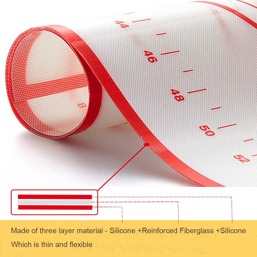 Silicone Pastry Mat with Measurements, FDA Approved, Non Stick Pastry Mat for Rolling, 23.6“ x 15.7” Heat Resistant, Food Grade (Red)