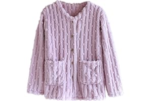 Women's Fleece Bed Jacket Solid Color V Neck Button Front Pajamas Jackets with Pockets Long Sleeve Sleepwear Clothes