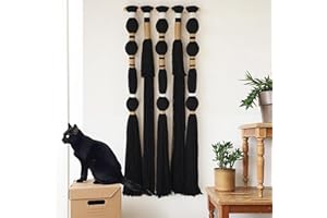 Flber Macrame Wall Hanging Black Sphericity Cotton Tassels Textile Hanging Geometric Yarn Wall Art for Bedroom Living Room Decor 15.7" W x 39" L