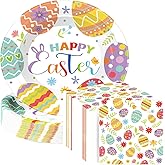 Havawish 150Pcs Easter Paper Plates and Napkins Sets 50Pcs 11 Inch Easter Disposable Oval Plates and 100 Pcs 13 Inch Easter Paper Napkins for Easter Spring Holiday Party Supplies(Easter Eggs)