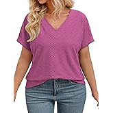 VISLILY Plus-Size-Summer-Tops for Women Casual V Neck T Shirts Trendy Rolled Short Sleeve Workout Tunics Loose Eyelet Tees