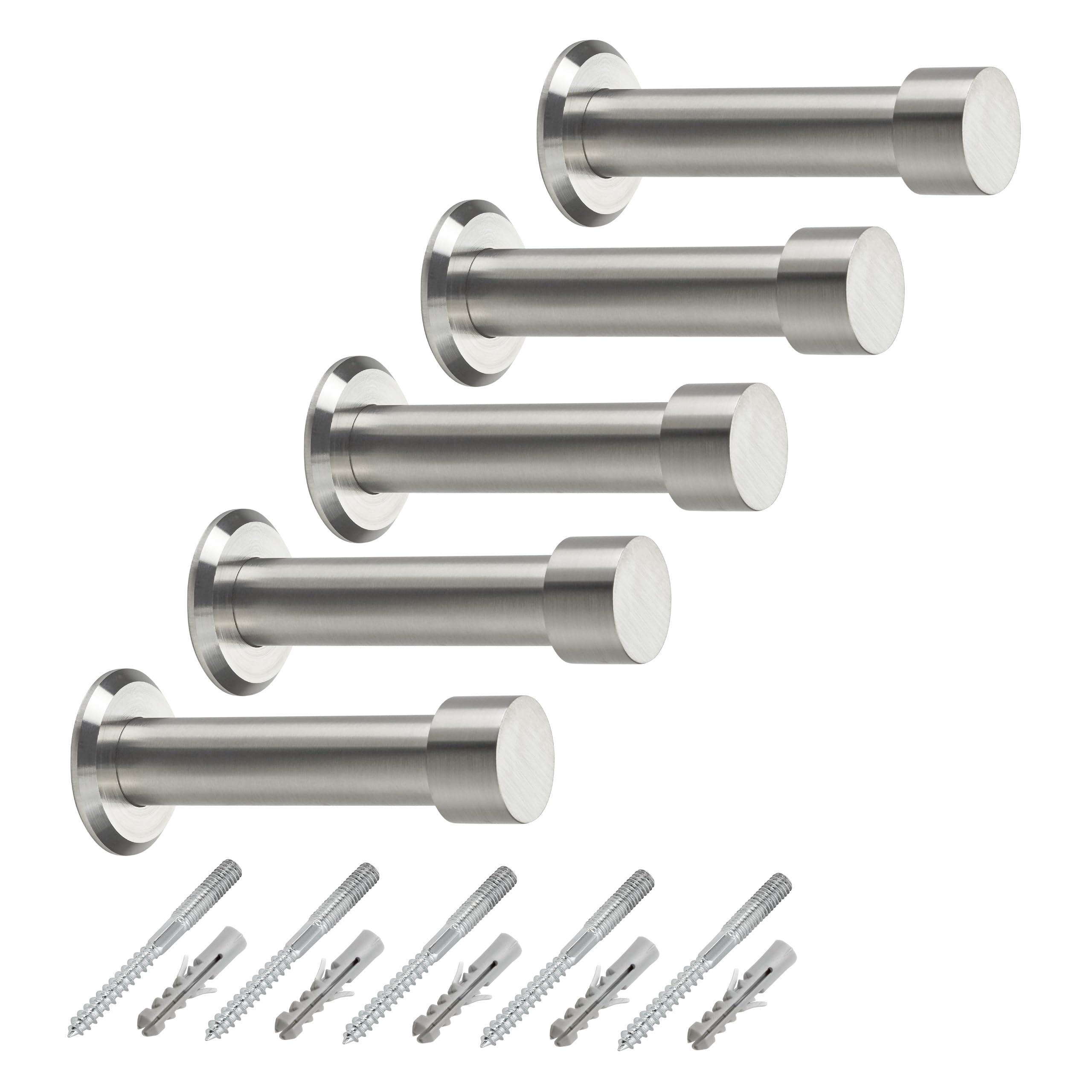 5 x Clothes Hooks TUULA Real Stainless Steel Massive Ø 10/15 mm Length 70 mm Total Length 73 mm with Plate Wall Hook