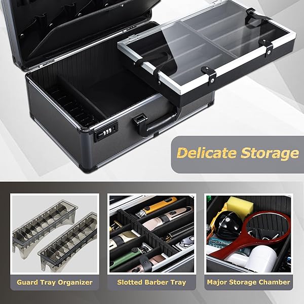 YUEIEOUN PROFESSIONAL BARBER CASE – PORTABLE BARBER TOOL CASE HAIR CLIPPER ORGANIZER WITH COMBO LOCKS, DETACHABLE TRAYS FOR CLIPPERS, SHEARS, RAZORS, TRIMMERS – SECURE STORAGE FOR BARBERSHOP OR TRAVEL