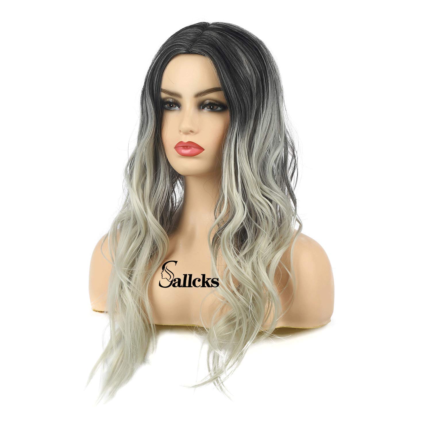 Sallcks Womens Long Curly Wavy Ombre Gray Wigs Dyeing Color Synthetic Replacement Wigs Heat Resistant Party Daily Wig with Wig Cap