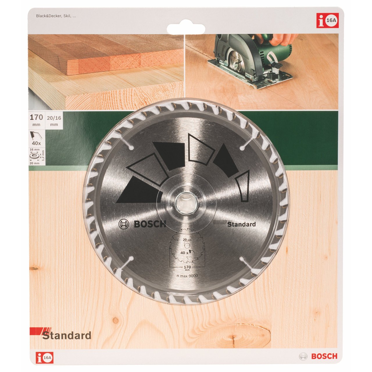 Bosch 1x Circular Saw Blade Standard (for Wood, Ø 170 x 2.2/1.5 x 20/16 mm, 40 Teeth, ATB, with 1x Reduction ring 16 mm, Accessories for Circular Saws)