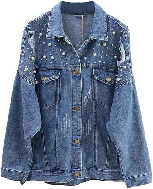 Kedera Women's Classic Boyfriend Distressed Denim Jacket with Pearls