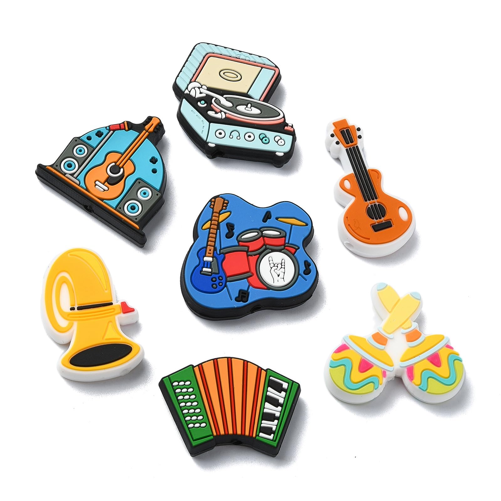 Ipotkitt 14 Pcs 7 Styles Musical Silicone Focal Beads Guitar Trumpet Record Player Beads Instrument Focal Beads for DIY Gift Bag Keychain Jewellery Making