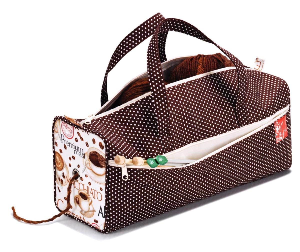 Prym White Polka Dot & Coffee Print Fabric Knitting and Needlework Bag, Polyester, Brown & Cream, 44x14x17 cm