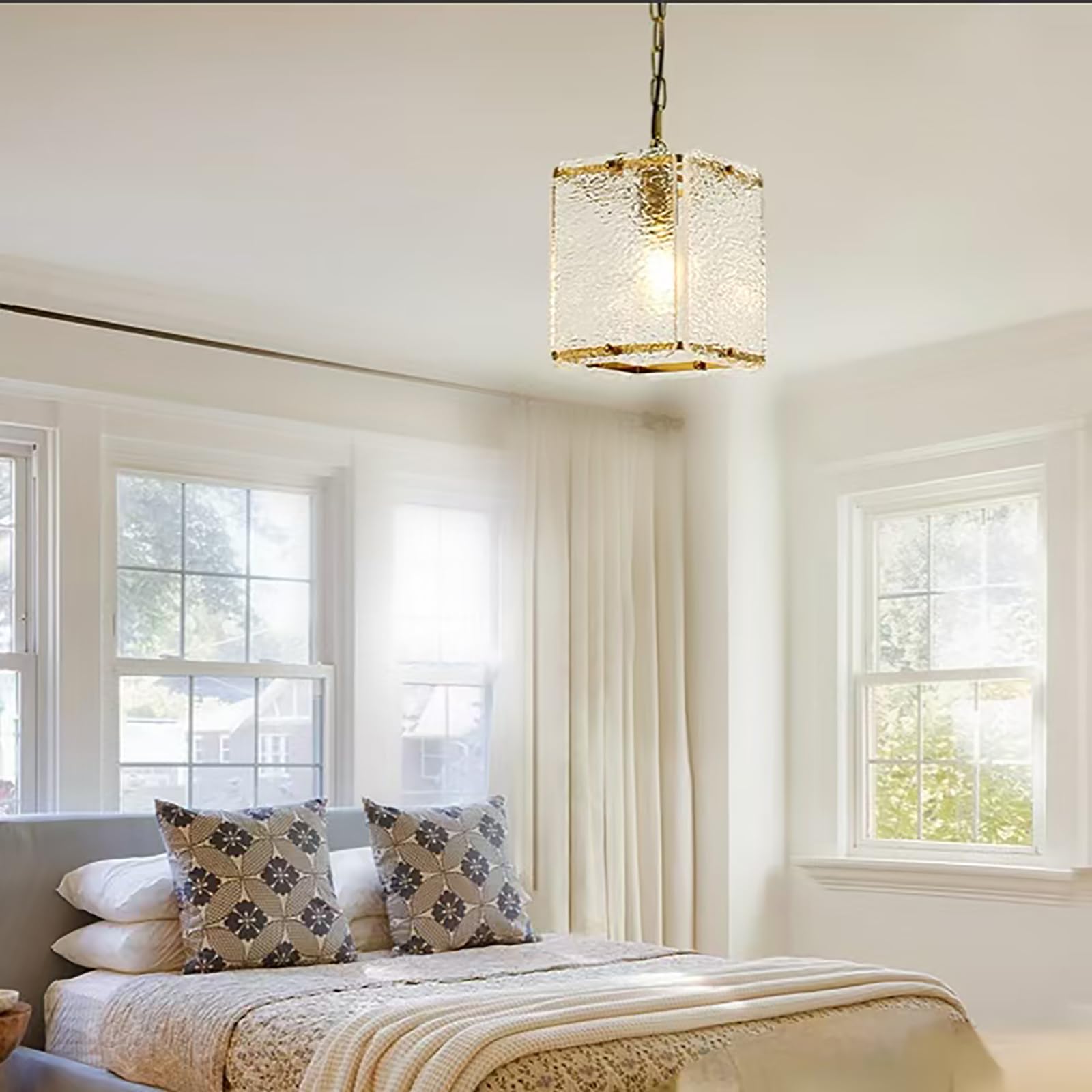 Bicrink Brass Crystal Pendant Light for Kitchen Island Lights- Exquisite Gold Chandelier with Water Ripple Glass - Height Adjustable - Dimmable - Great for Dining Room and Hallway., MT60026