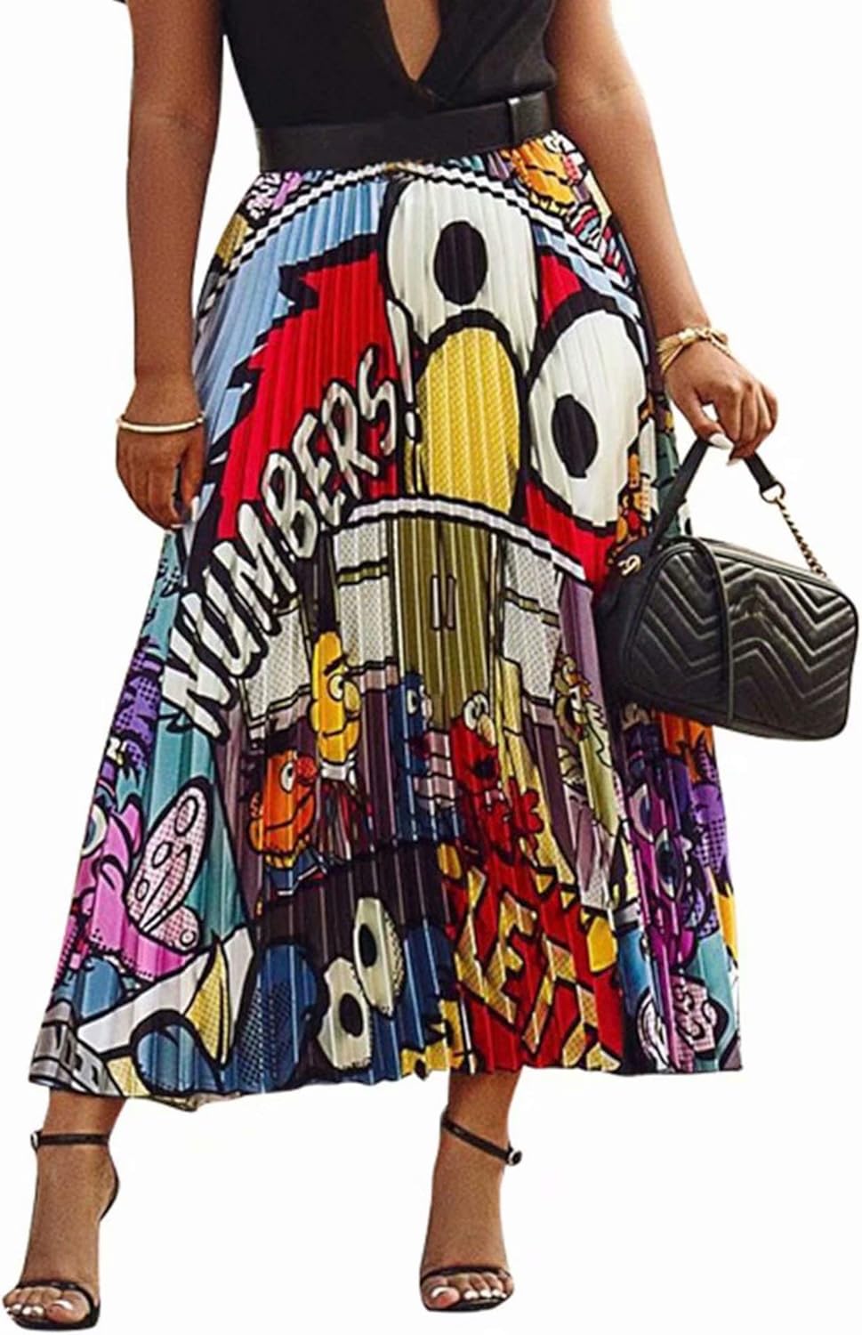 ThusFar Women's Graffiti Pleated Skirts Cartoon Printed Elastic Waist A-Line Swing Midi Skirt: Clothing