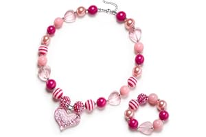 VCMART Girls Gilitter Heart Chunky Bubblegum Bead Necklace & Bracelet Set Fashion Jewelry Pendant with Gift Box