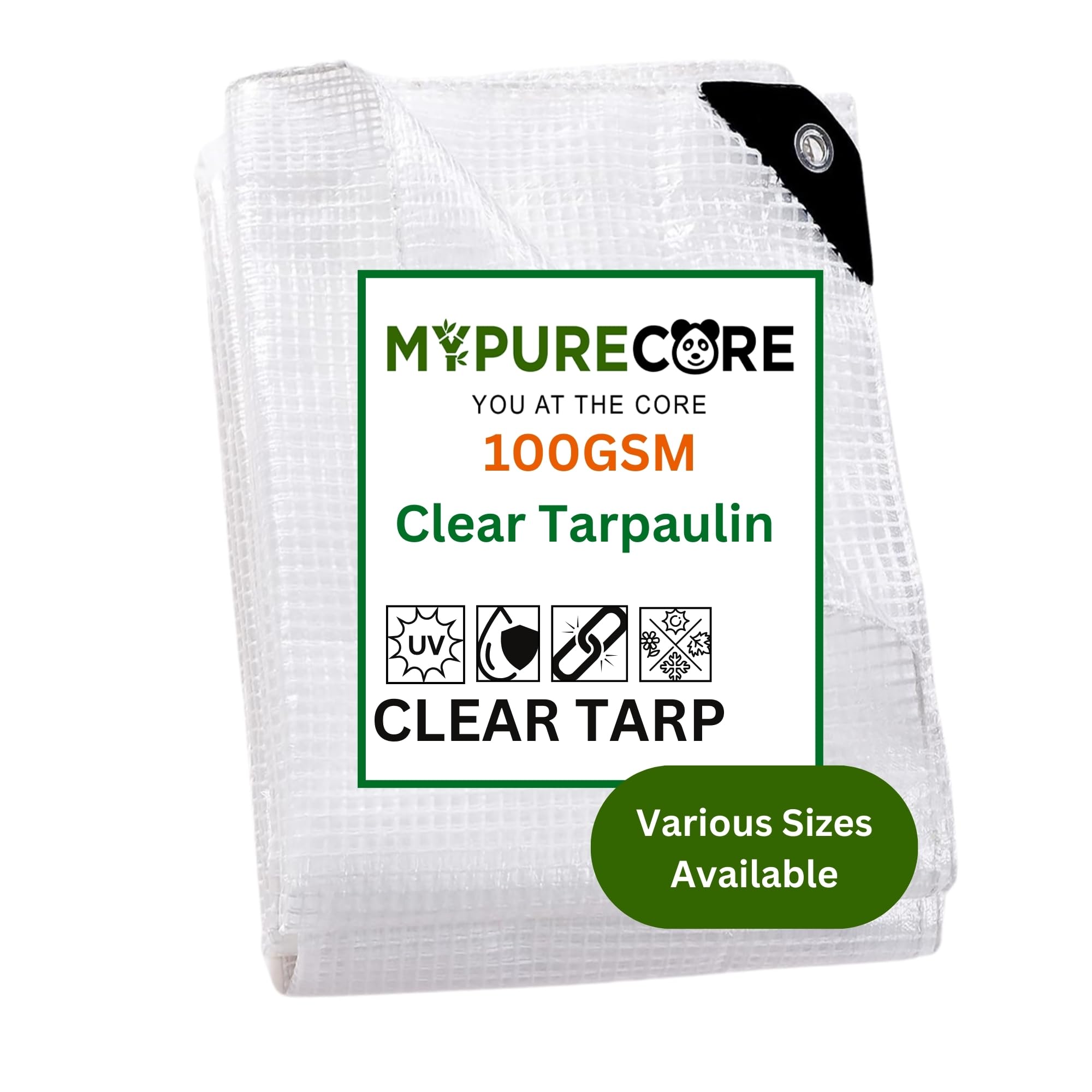 MYPURECORE Clear Waterproof Tarpaulin – Heavy Duty 100GSM Multi-Purpose Tarp – Ideal for Caravan, Garden, Car and Outdoor Protection – UV, Dust, Rain, Snow Resistant – Transparent Cover (5mx5m)