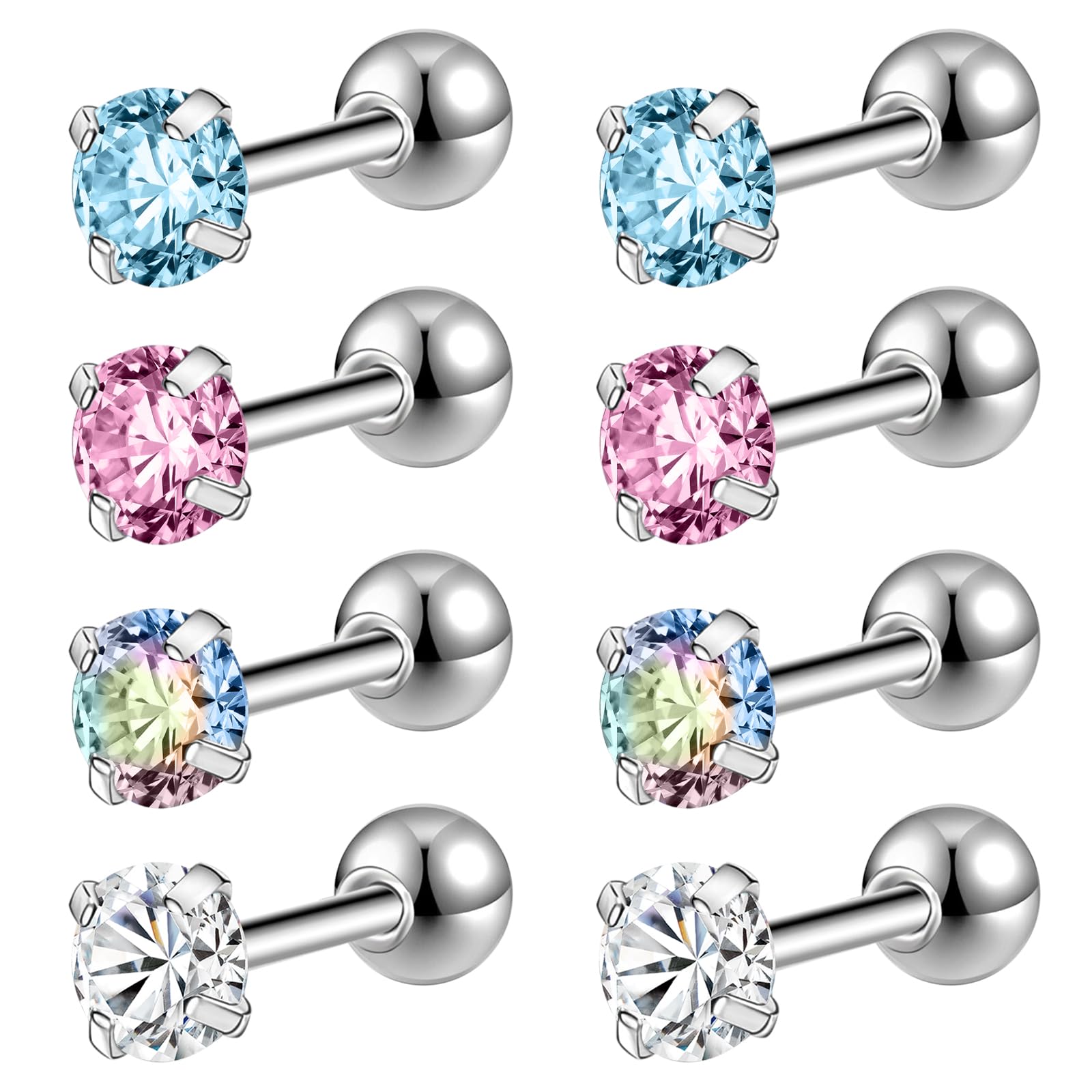 ZeSen Jewelry 4 Pairs of Shiny Cubic Zirconia Surgical Steel Cartilage Earring Sets Tragus Helix Conch Piercing, Surgical Steel Cubic Zirconia, Zirconium oxide