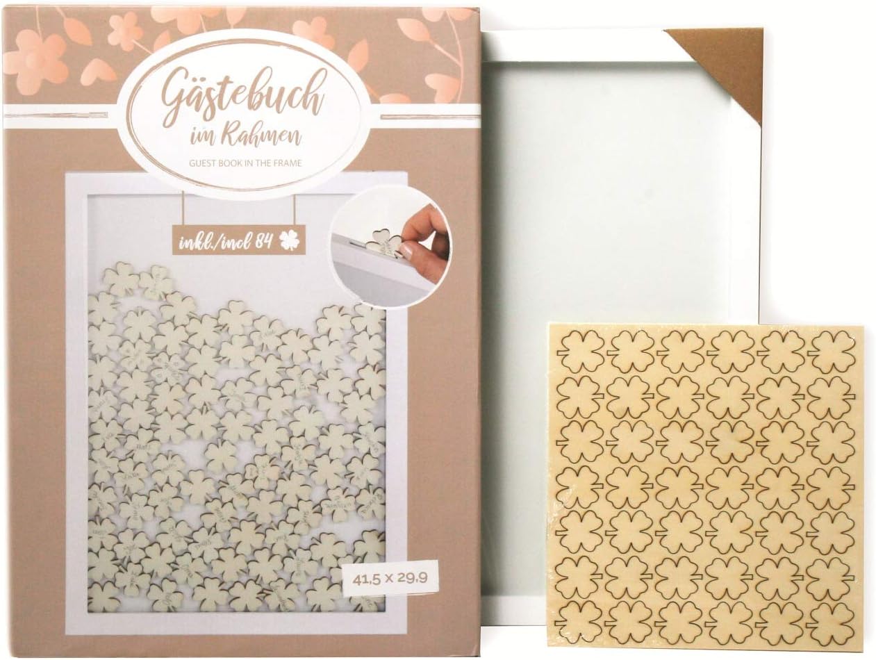art decor Modern guest book in frame with 84 lucky clover leaves for labelling.