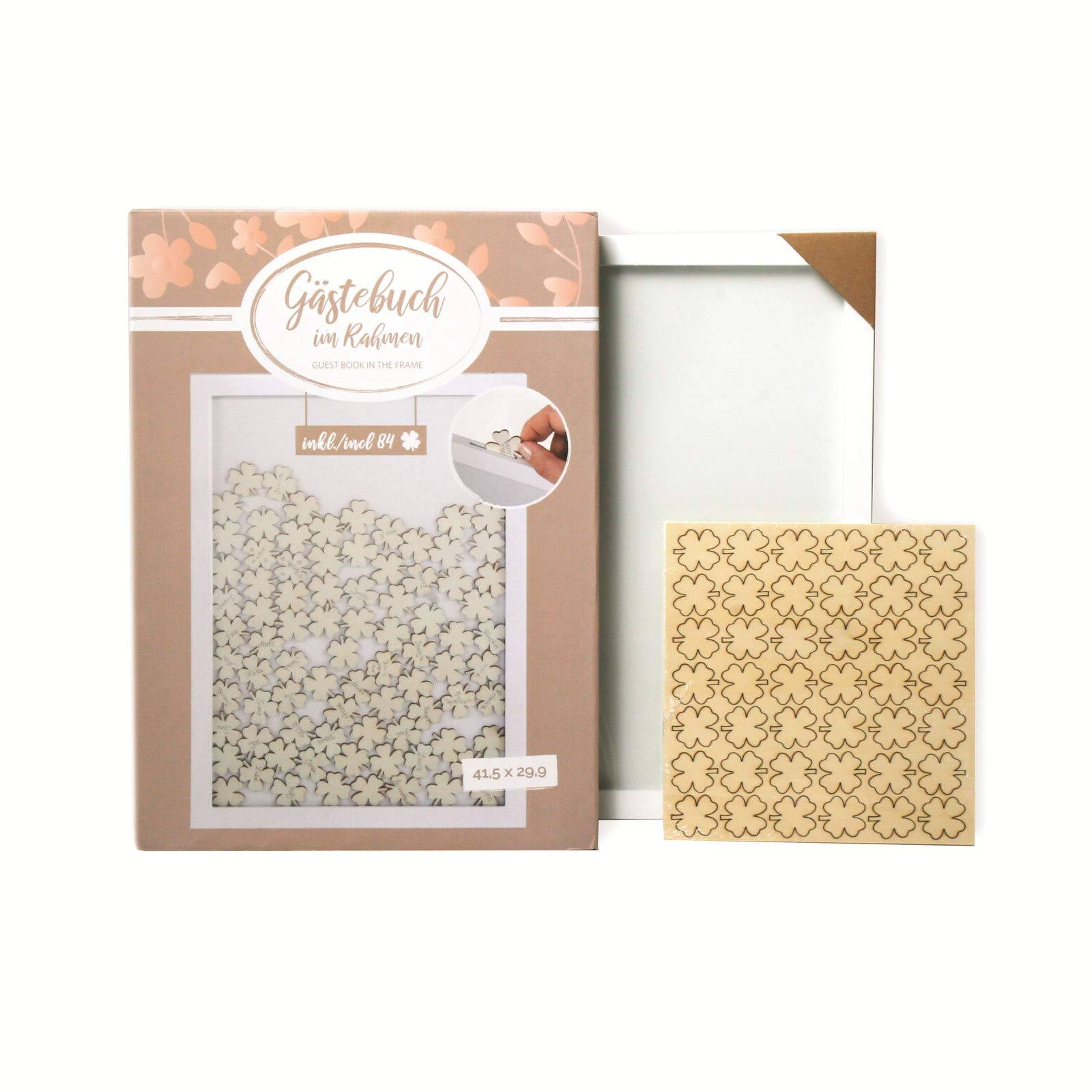 art decor Modern guest book in frame with 84 lucky clover leaves for labelling.