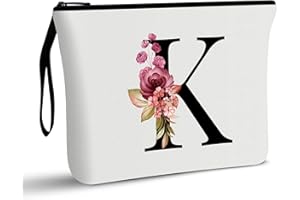 Vavabox A-Z Personalized Makeup Bag,Birthday Gifts for Women Mom,Gifts for Best Friend,Bride Bridesmaid Cosmetic bag (K, White)