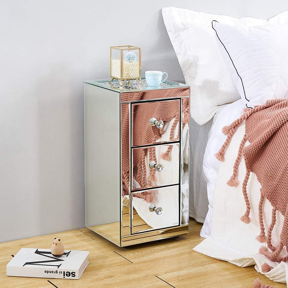Mirrored Diamond Glass Bedside Cabinet Unit With 3 Storage Drawer And Crystal Handles Luxurious Nightstand Side End Table For Living Room Bedroom Furniture Amazon Co Uk Kitchen Home