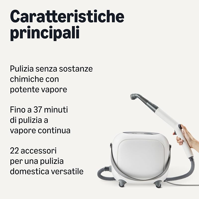 Pulitore a Vapore Multifunzione con 22 Accessori, Serbatoio da 1,5L, 1500W, Bianco
