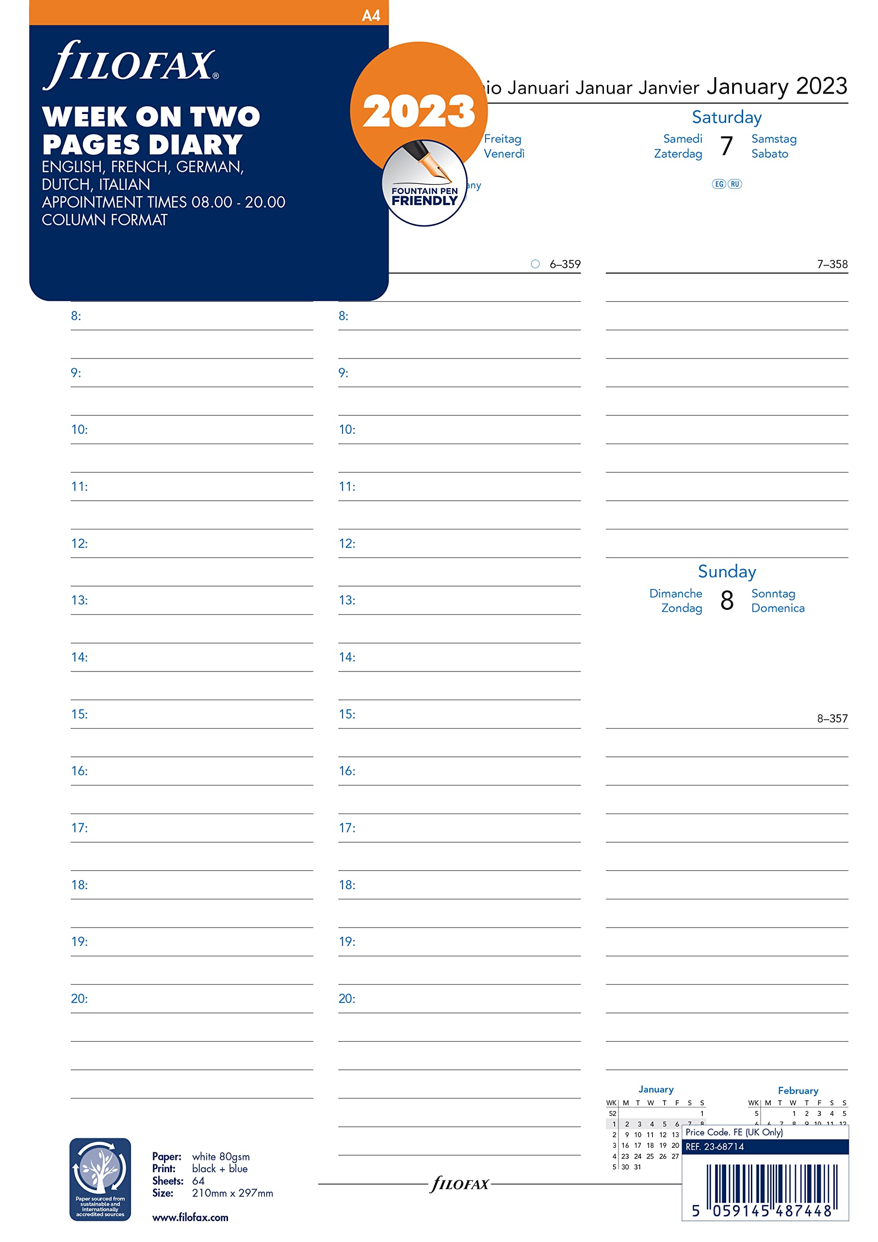Filofax A4 week on two pages 5 language appointments 2023 diary