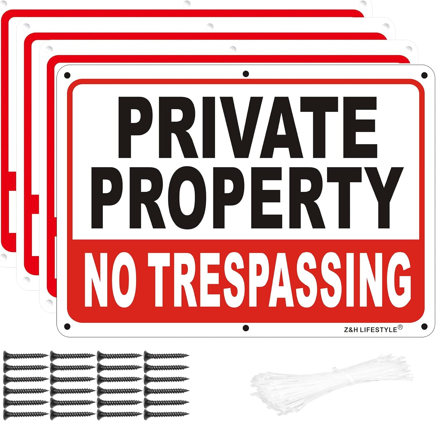Yard Signs - 4-Pack Metal No Trespassing Signs Private Property 10 x 7 inch Rust Free 0.04 Aluminum - UV Printed, Reflective, Weatherproof, Easy to Read & Mount, Sturdy - Outdoor Keep Out Sign for Home, Safety