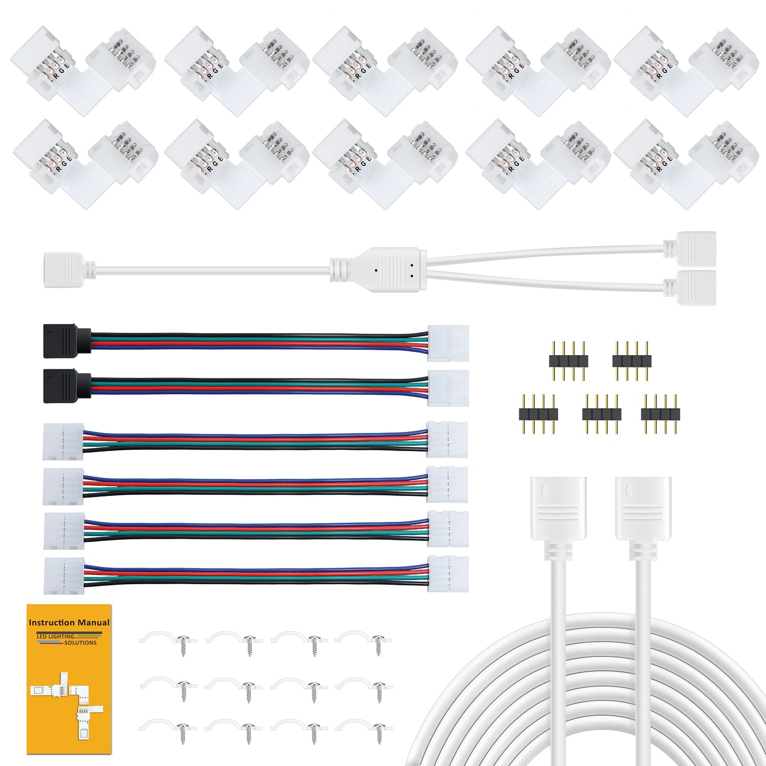REDTRON Led Strip Connectors Kit, 10mm RGB Led Light Connector Includes 10x L Shape Connectors,2M LED Strip Light Extension Cable,4X Strip to Strip Jumpers,5X 4 Pin Male Connectors
