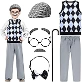 Liitrsh 8 Pcs Old Man Costume for Kids Grandpa Costume 100 Days of School Halloween Vest and Pants for Boys