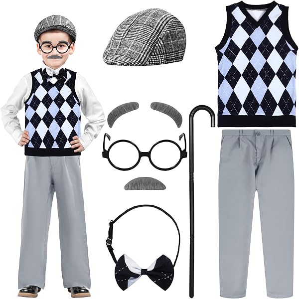 VICAMB 13PCS 100 Days Of School Costume Girls Old Lady Costume Kids Grandma Dress Granny Costume Outfit